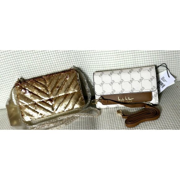 2- Nicole Miller handbags with Straps, 1-Gold Sequined, 1-White/Brown, NWT - Picture 1 of 9
